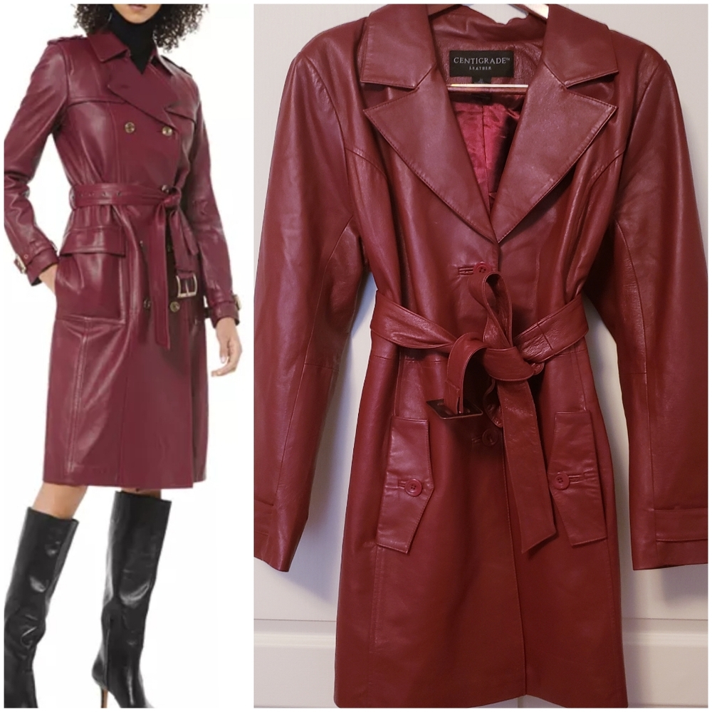 Leather Trech Coat Jacket in Red/Burgundy
